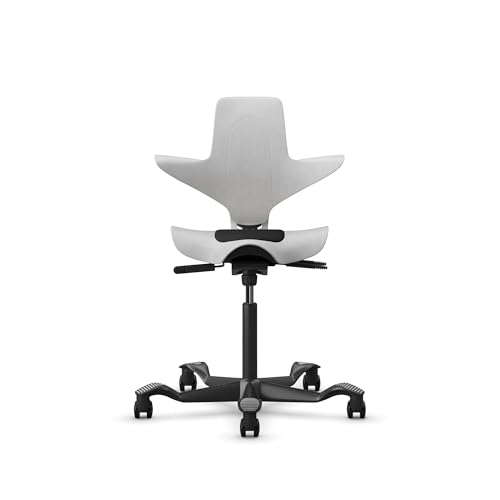 Image of HAG Capisco Puls Adjustable Sit to Stand Desk Chair-White Frame-Blue Plastic-Blue Full Cushion with Footring