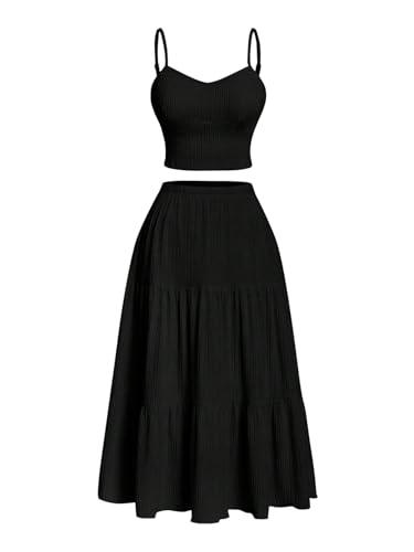 WDIRARA Women's 2 Piece Outfits Skirt Set Cami Top and Ruffle Hem A Line Skirt Matching Set