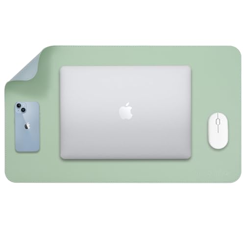 Image of AROPANA Vegan Leather Desk Mat | Large Reversible Mouse Pad & Computer Table Protector | Dual-Side Waterproof Extended Laptop Pad with Edge-Stitched Design (60x35CM, Light Green and Blue)