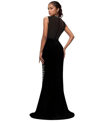 Image of Nagfar Women Sexy Elegant Rhinestone Beaded Mesh Patchwork Split Bodycon Long Dress Birthday Prom Club Night Outfits(SY1109-Black-M