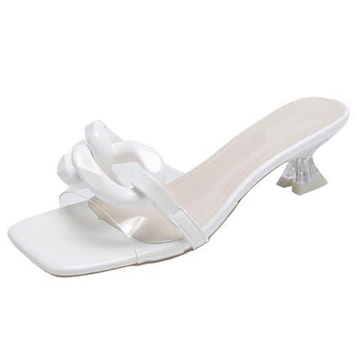 Women's Chain Low Heels Sandals Square Open Toe Sandals Slip On Backless Slides Kitten Heeled Sandals For Wedding Bridal Party Dress Shoes