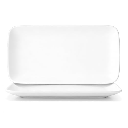 YALONG Serving Platters Set of 2, 14 Inch Large White Ceramic Serving Platter, Porcelain Rectangle Serving Plates, Long Ceramic Platters for Serving Food, Fruit, Appetizer, Sushi, Steak, Dessert