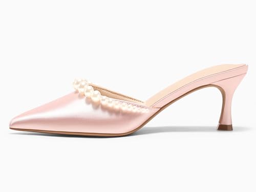 Image of Coutgo Womens Pearl Kitten Heels Closed Pointed Toe Wedding Bride Dress Shoes Ankle Strap Satin Pumps