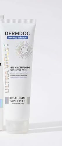 Image of DERMDOC 4% Niacinamide Ultra Violet Brightening Sunscreen with SPF 50 PA+++ Sun Protection | (20 gm Pack of 2) | | Sunblock I for Oily Skin I UV Protection | Purple Tinted