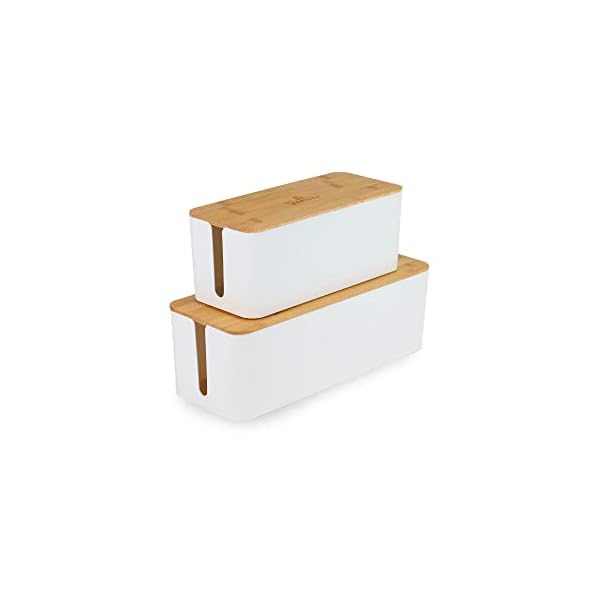 addhome Kabelbox 2er Set weiß aus ABS-Kunststoff mit Bambusdeckel inkl. Gummifüße und Klettband | Kabelmanagement…