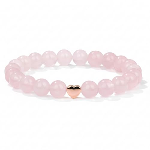 Netuza - Pulsera de Cuarzo Rosa con Dije Corazón de Hematite, Piedras Naturales para el Amor y Protección, Regalo para Mujer (8mm)