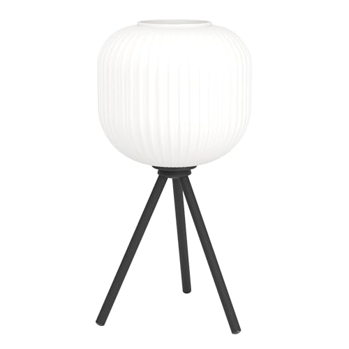 Eglo Lampe de chevet trépied Mantunalle, lampe de table à poser au style scandinave, luminaire décoratif pour salon et chambre à coucher en verre blanc et...