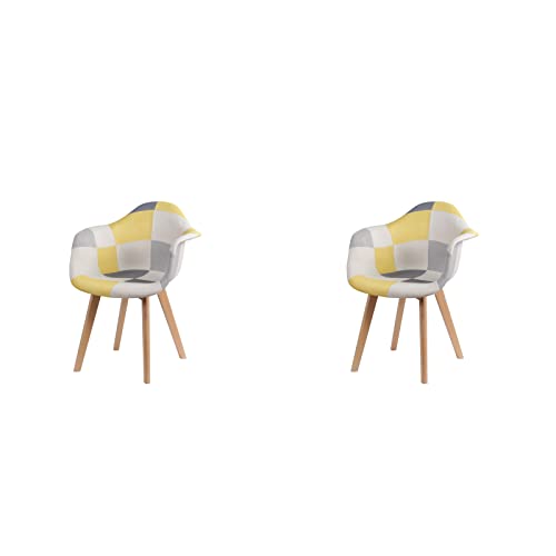 HJhomeheart Lot de 2 Chaises de Salle à Manger en Tissu Patchwork avec Accoudoirs, Fauteuil Design Moderne, Chaise de Cuisine Scandinave en Bois de Hêtre...