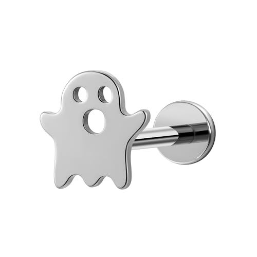 FINE4U ASTM F136 Titanium Halloween Cute Ghost Studs - 18G Threadless Push Pin earrings for Helix Conch Tragus Hypoallergenic Flatback Cartilage Piercing Jewelry