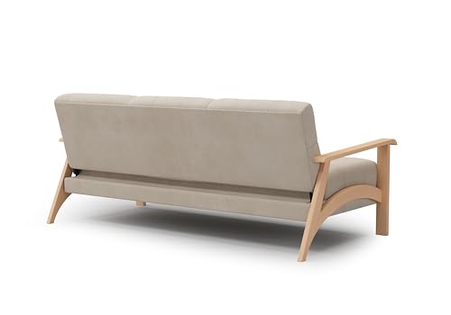 Cavadore 3er-Sofa Billan / 3-Sitzer Schlafsofa im skandinavischen Design mit Bett und massivem Holzgestell in Buche / 199 x 88 x 106 / Flachgewebe, Beige – Bild 7