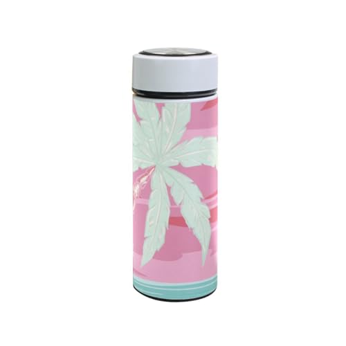 Akiraki 水筒 水彩 アロハ 砂浜 ピンク 海 可愛い 350ml 保温 保冷 マグボトル 真空断熱 ステンレス スリム 軽量 おしゃれ スポーツボトル 魔法瓶 アウトドア 登山 オフィス