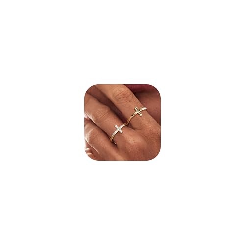 Dochais anillo de oro de las señoras, anillos apilables impermeable, 14K chapado en oro de circonio anillo de diamantes en cruz Mujeres, Juego de Anillos Joyería Regalos, Tamaño 9-22