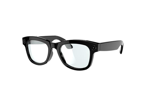 Black smart glasses featuring dual cameras, designed for high-tech functionality and augmented reality use.