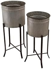 Creative Co-Op Farmhouse Round Corrugated Metal Planters on Stands, Set of 2 Sizes, Silver and Black