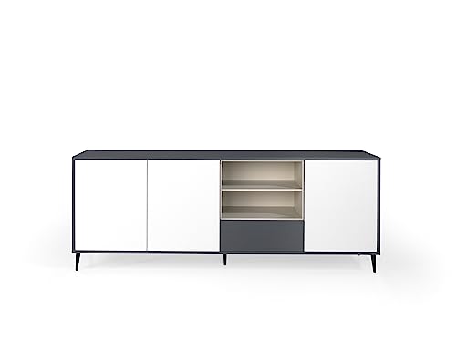 MOMMA HOME Aparador, Buffet, Salón Comedor 3 Puertas 1 cajón y baldas, Modelo Lea Acabado en Antracita, Blanco Polar y visón. Patas metálicas Negras. 200cm (Ancho) 45cm (Largo) 75cm (Alto)