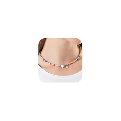 FRG Colorful Initial Beaded Necklace for Teen Girls Women Handmade Stainless Steel 18K Gold Choker Bohemian Necklace with Heart-shaped Shells Meaningful Feminine Minimalist Jewelry Gifts Cover