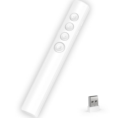 Wireless Presentation Clicker for Powerpoint Slideshow, Office/Classroom PPT Remote Presenter Pointer Slide Advancer with USB Receiver for Computer/MacBook Laptop/PC White Red Light