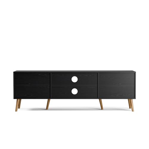 Image of ZttRiee TV Stand with Rattan Doors for TVs up to 65 inch, Mid-Century, Black