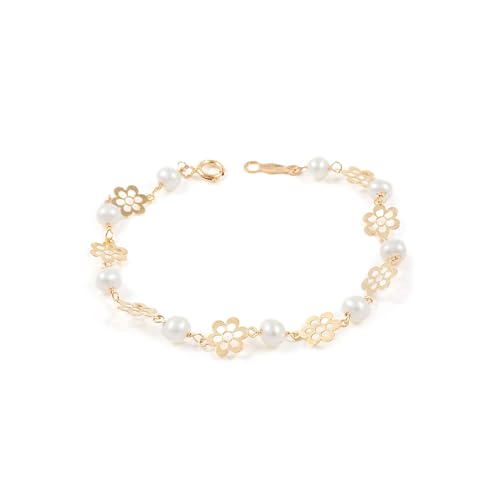 Pulsera bebe o niña oro margaritas caladas con perlas