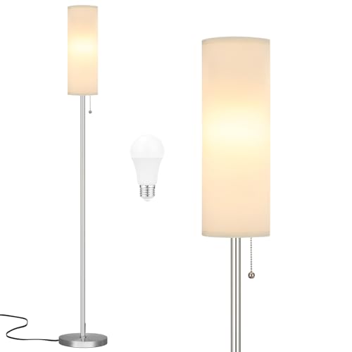 Image of Ambimall Floor Lamp for Living Room with 3 Color Temperatures Bulb, 64" Standing lamp with Linen lampshade for Bedroom, Minimalist Pole Lamp, White Shade & Silver Pole