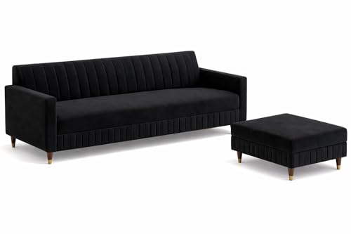 Image of Wooden L Shape Sofa 4 Seater with Ottoman | Velvet Fabric Upholstery | Modern Sectional Wooden Frame Couch for Living Room, Home & Office (Black)