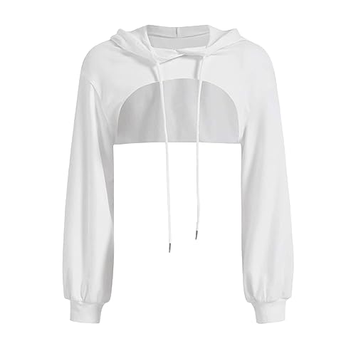 Image of Women's Long Sleeve Crop Tops Short Pullover Crop Top Hoodie Ultra Short Sweatshirts Jumper Round Collar Cut Outs Shirts with Hood Plain Tops Hoodie Sweat Jacket Clubwear, White, M