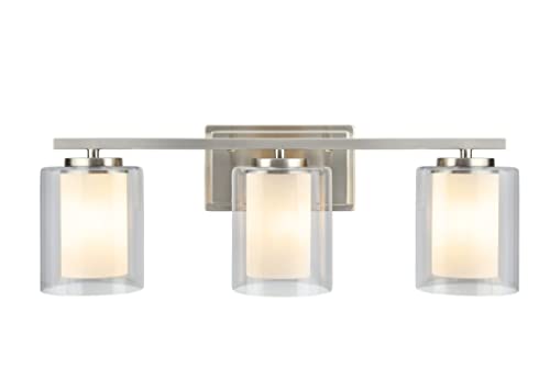 Image of Aspen Creative 62103A, Three-Light Metal Bathroom Vanity Wall Light Fixture, 23 inch Wide, Transitional Design in Satin Nickel with Clear Glass Shade