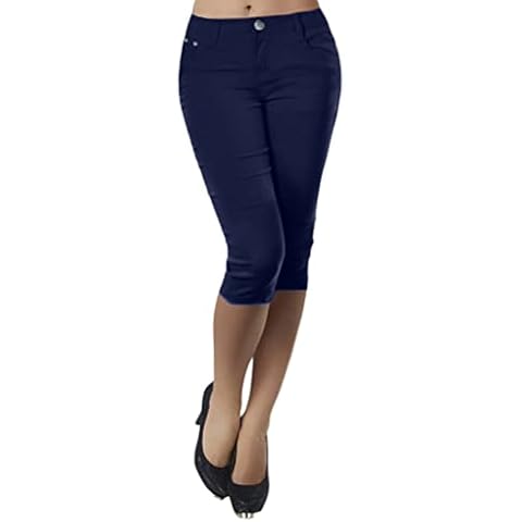 Minetom Damen Denim 3/4 Hose Kurze Caprihose Sommer Bermuda Stretch Jeans Hose Sommerhose Skinny Leggings Freizeithose A Marine XS Cover