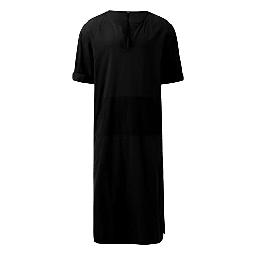 Mens Muslim Robes Solid Cotton Kaftan Thobe V Neck Casual Shirt Long Sleeve Islamic Caftans with Pocket3