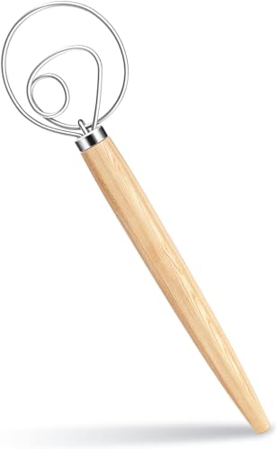 13-Inch Danish Dough Whisk - Wooden Danish for Dough with Stainless Steel Dough Hook - Traditional Dutch Whisk - Bread for Sourdough, Pizza, Pastry, Cake Batter (Rubberwood，Silver, 1)
