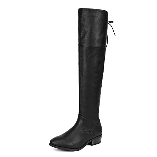 DREAM PAIRS Women's Over The Knee High Low Block Heel Riding Boots Uplace Lei 6.5 Black/Pu