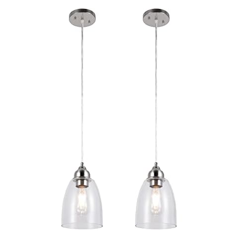 GRUENLICH Pendant Lighting Fixture for Kitchen and Dining Room, Hanging Ceiling Lighting Fixture, E26 Medium Base, Metal Construction with Clear Glass, Bulb not Included, 2-Pack, Nickel Finish Cover
