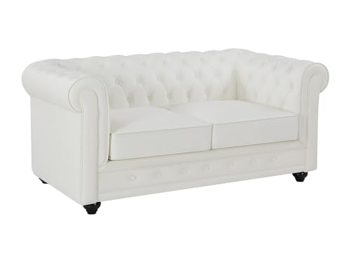 Vente-unique - Canapé 2 Places en Cuir de Buffle Blanc Chesterfield