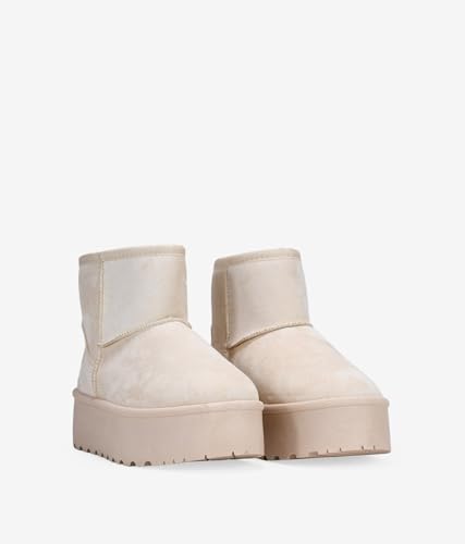 BOSANOVA Australische Stiefeletten mit 12 cm mittlerem Schaft, Logo-Detail, Pelzfutter und 4,5 cm Plateausohle, ohne Verschluss, Damenschuhe, beige, 37 EU