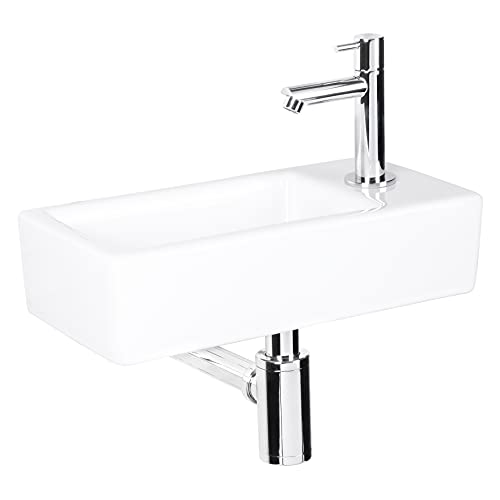 Differnz Helios Lavabo, Lave main Céramique Blanche, Robinet Froide à Droite, Chrome, Vasque, Ensemble Complet, Pour Salle de Bain - 37.5 x 18 x 9.5 cm