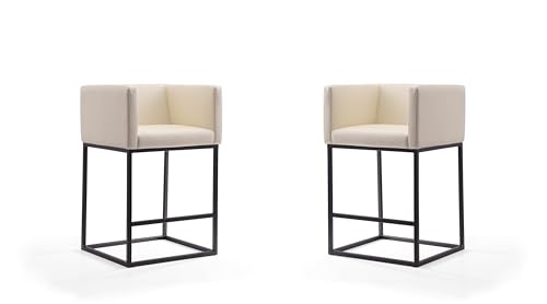 Butaco Manhattan Comfort Embassy 25 Pulgadas con Respaldo, Asiento Acolchado de Cuero Vegano, Reposabrazos, Patas Metálicas Resistentes con Reposapiés, Juego de 2, Crema