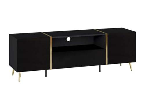 Vente-unique-Mueble TV con 2 Puertas, 1 cajón y 1 Estante - Negro Brillante y Dorado - MARZIALO