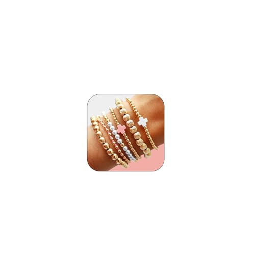 HUASAI Gold Beaded Bracelet Stack for Women Trendy Non Tarnish Chunky Stretch Paperclip Cross Pearl Bracelets Set Stackable Jewelry Costume Accessories