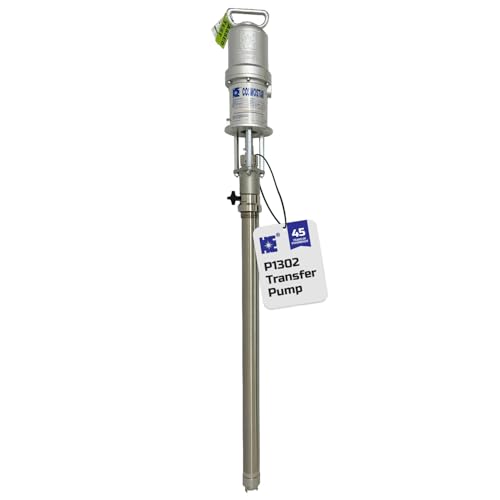 COSMOSTAR P1302 5:1 55 Gallon Air Operated Pneumatic Piston Pump, Stainless Steel Type, Drum Length, Teflon Packing, Oil Chemical Transfer Pumps, 2.2 GPM/ 8.55 LPM, Max. Fluid Pressure 580 PSI