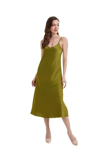J.Corrine Vestido de satén para mujer, tirantes delgados, longitud midi con cuello en V, abertura lateral, informal, fiesta, sexy, vestido de noche largo, verde oliva, M