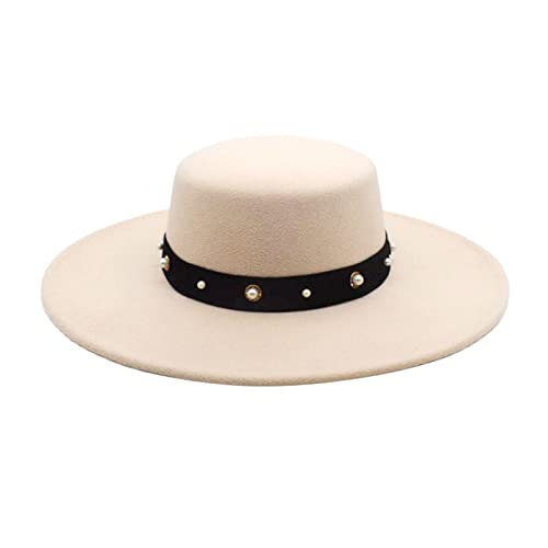 Wide Brim Fedora Hats for Women Wool Cloche Bucket Hat 1920S Party Hat Bowler Church Hats with Flower Beige One Size