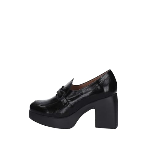Wonders - Mocasín con tacón y plató de piel negra brillante, abrazadera de goma, forro de piel, extralight, Negro , 38 EU