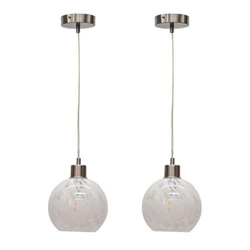 Image of firstchoicelighting Set of 2 Confetti Glass Globe Ceiling Light Pendants with Satin Nickel Details and Clear Cable, Height Adjustable 23-130cm, Kitchen Island Dining Lighting