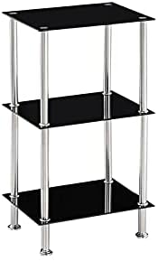 Modernique Glass Shelf Tier Storage Unit, Rectangular Shape in Black or Clear Glass with Chrome Stand, Shelving Unit (Black, Tier 3)