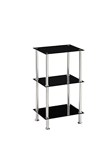 Modernique Glass Shelf Tier Storage Unit, Rectangular Shape in Black or Clear Glass with Chrome Stand, Shelving Unit (Black, Tier 3)