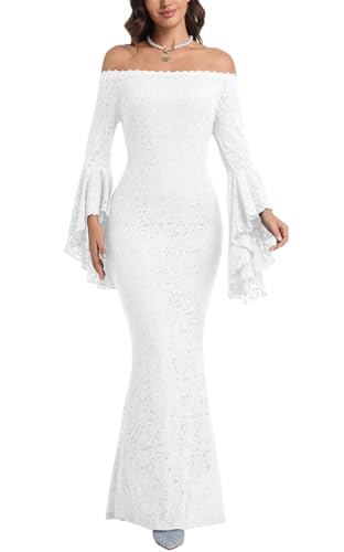 Image of Cercis Womens Off The Shoulder Floral Lace Maxi Wedding Dress Boho Flowy Wedding Guest Formal Long Dresses