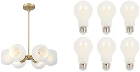 Westinghouse 6128100 Dorney Transitional Six Light Indoor Chandelier, Champagne Brass Finish 5326020 6.5 Watt (60 Watt Equivalent) A19 Dimmable Soft White Filament LED Light Bulbs