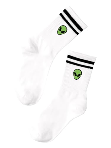 Image of GORGLITTER Women's 1 Pairs Casual Alien Patterned Crew Socks Athletic Ankle Dress Socks White Striped One-Size