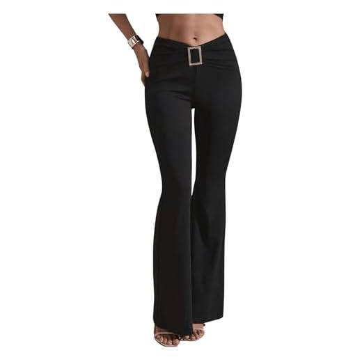 SOLY HUX Damen Hosen Elegant Schlaghose Lange Freizeithose V Taille Hose mit Schnallen Office Casual Hose Hohe Taille Hosen Schwarz M