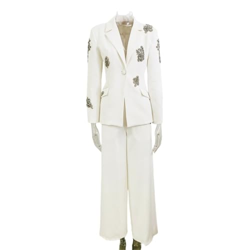Women's Beaded Diamond Suits Set 2 Piece One Button Blazer Jacket High Waisted Pants Wedding Formal Suits3